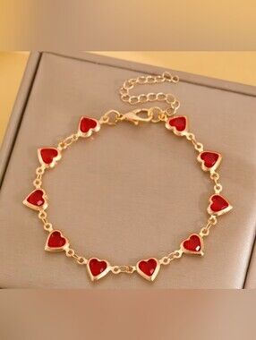Source Unknown Gold Bracelet with Red Heart Charms